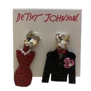 BETSEY JOHNSON Valentine Holiday Mismatched Tuxedo & Dress Crystal Earrings NWT